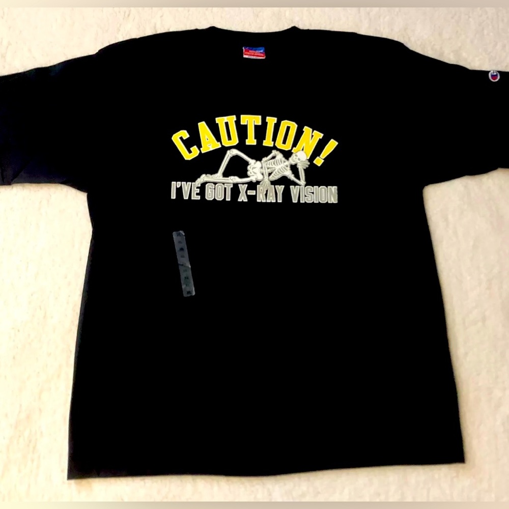 RARE Vintage 90s Champion Skeleton ‘Caution’ Black T Shirt Adult Sz XL NEW